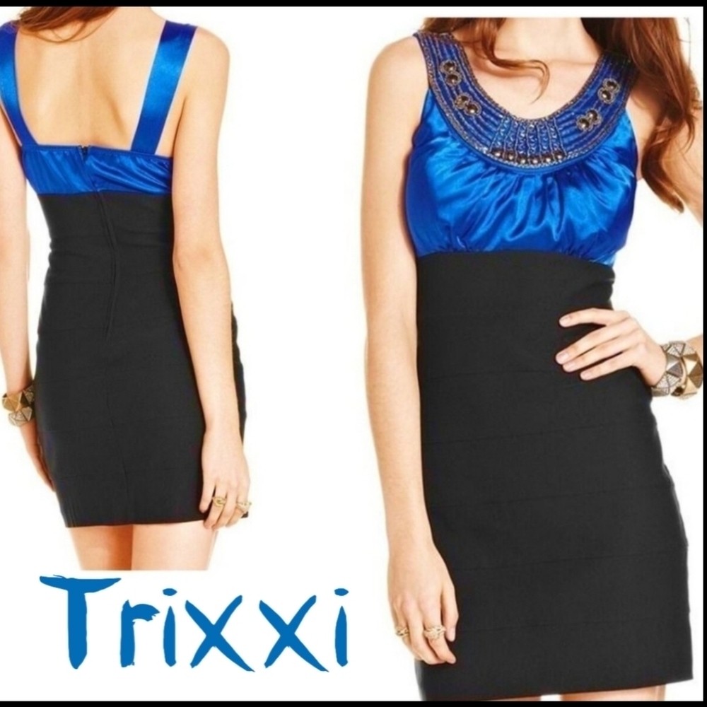 Trixxi Juniors Girls Mini Dress Sz 11 Satin Bodice Beaded Bodycon Black  Bottom